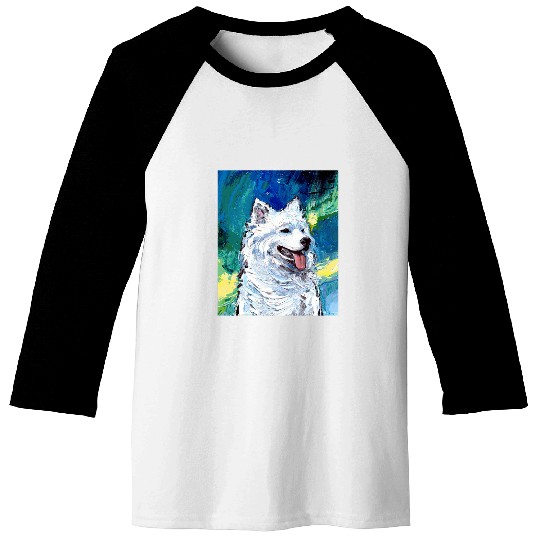 Dog Samoyed Portrait and Northern Lights Dog Aurora Art by Aja Baseball Tees