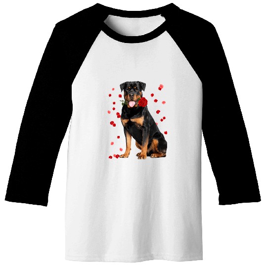 Dog Rottweiler With Rose Falling Cute Valentines Day Baseball Tees