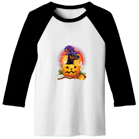 Dog Doberman Pinscher Witch Pumpkin Halloween Dog Lover Costume 60 Baseball Tees