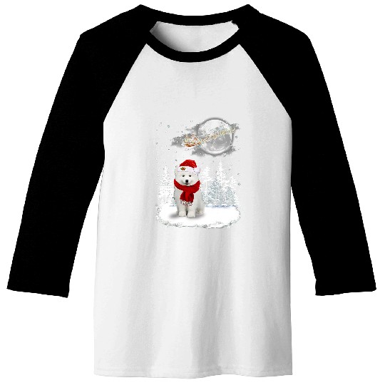 Dog Samoyed On Snow Christmas Moon Lighting Santa Hat17 Baseball Tees