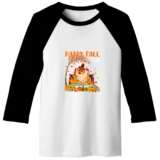 Dog Pomeranian Autumn Fall Pumpkin Truck Mappe Thanksgiving291 Baseball Tees