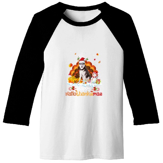 Dog Husky Happy HalloThanksMas Halloween Thanksgiving Baseball Tees
