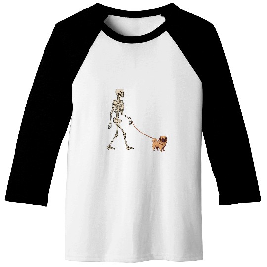 Funny Pekingese Skeletons Dog Walking Halloween Dog Baseball Tees