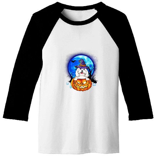 Dog Maltese Witch Hat Pumpkin Scary Halloween Dog Lovers Baseball Tees