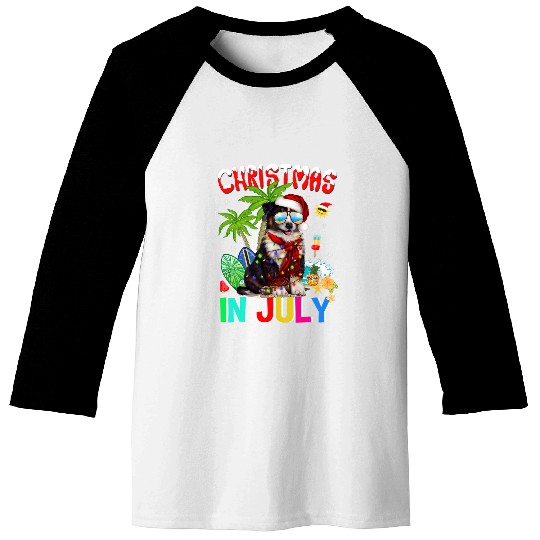 Cute Border Collie in Santa Hat Sunglasses Christmas In July Baseball Tees