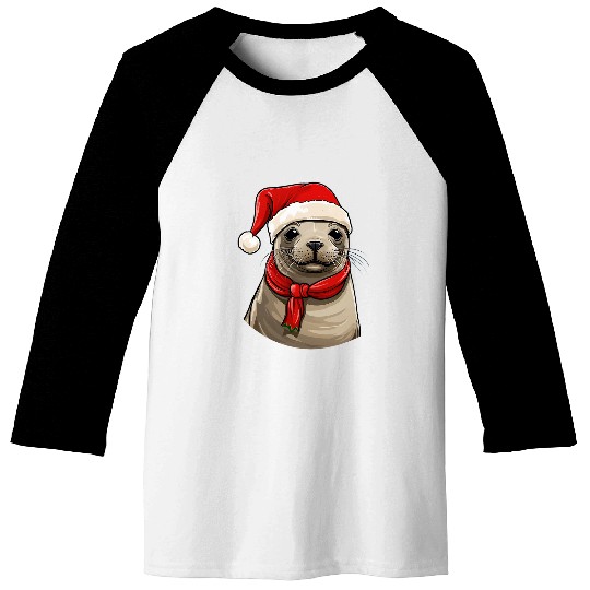 Cute Mediterranean Monk Seals Wearing Santa Hat Funny Animal Baseball Tees