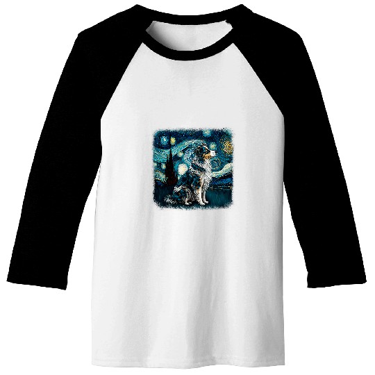 Dog in starry night van gogh aussie mini Australian Shepherd Baseball Tees