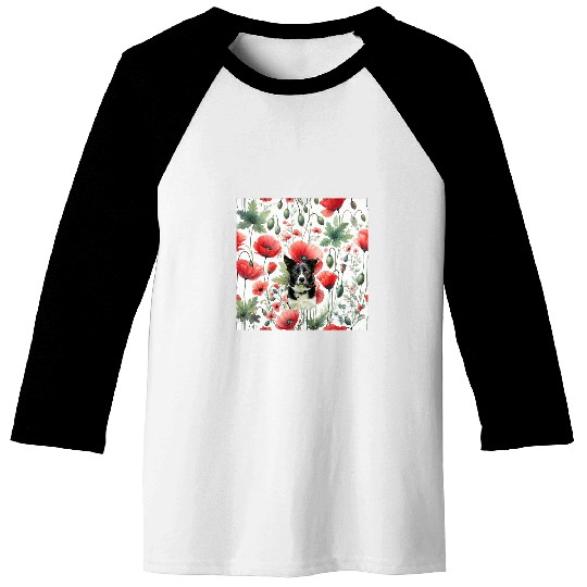 Border Collie Red Poppy vintages Cottagecore Flowers Baseball Tees