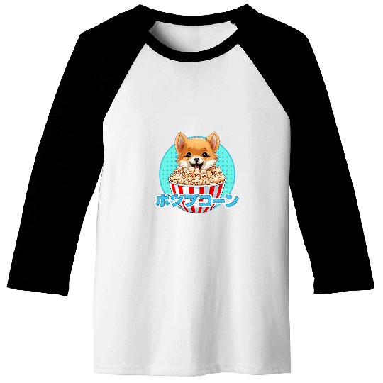 Kawaii Shiba Inu Eating Popcorn japanese Cute Baseball Tees