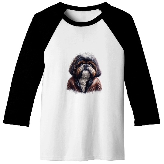 Cute Funny Shih Tzu Dog Wearing Leather Clothes Baseball Tees