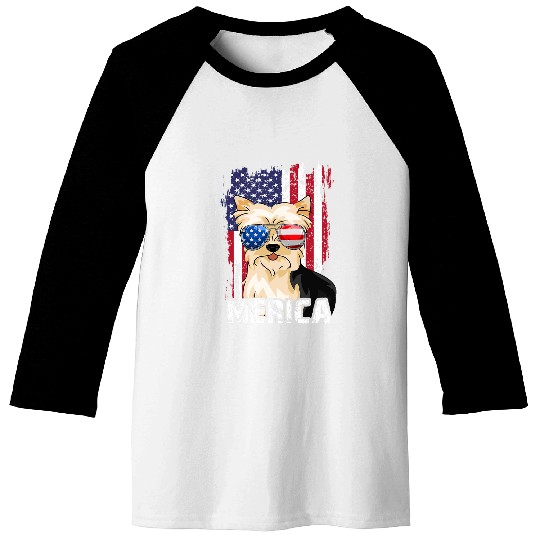Merica 4th July Yorkshire Terrier US Flag Yorkie Dog Mom Dad Baseball Tees