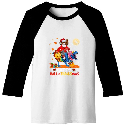 Dog Papillon Happy Hallothanksmas Halloween Thanksgiving Xmas Baseball Tees