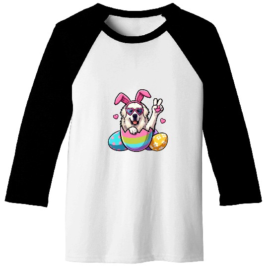 Peace Sign Hand Great Pyrenees Bunny Kids Mens Womens Easter Baseball Tees