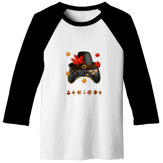 Video Game Thanksgiving Day Pilgrim Gamer Kids Boys Gaming Baseball Tees