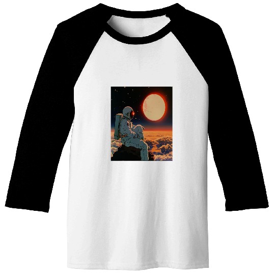 Retro 1990s Japanese Anime Space Astronaut Sun Rising Art 2 Baseball Tees