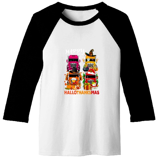 Witch Turkey Santa Trucks Truckers Happy HalloThanksMas Men Baseball Tees