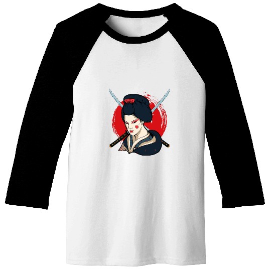 Japanese Sun Geisha Japan Tradtional 2Katana Swords Geisha Baseball Tees