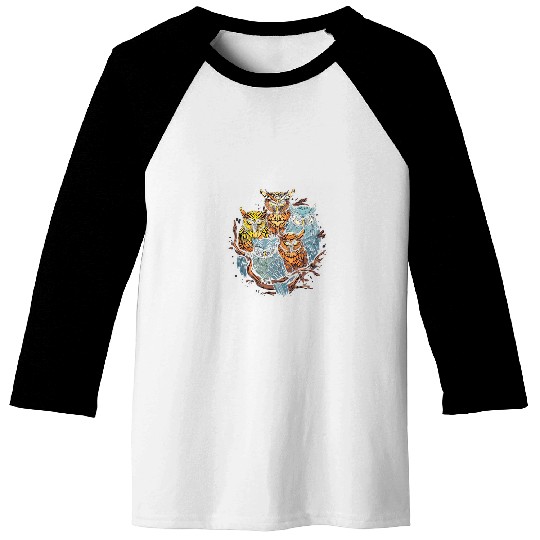 Owls Standing Together Owl Lover Cartoon Art Style Animal Baseball Tees