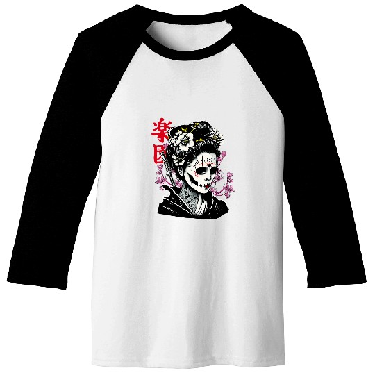 Japanese Geisha skull women with sakura tree 21 Baseball Tees