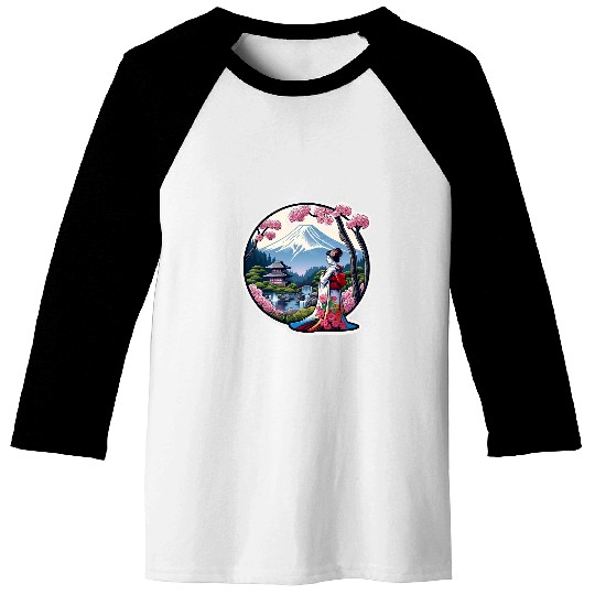 Japanese Geisha With Sakura And Mount Fuji View Graphic Baseball Tees