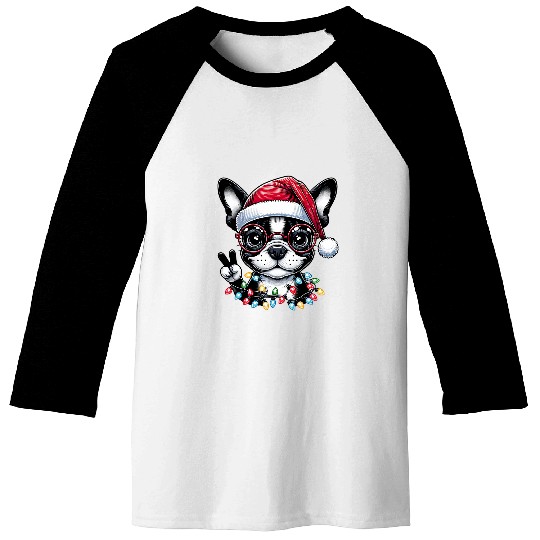 Peace Sign Hand Boston Terrier Santa Christmas Dog Pajamas Baseball Tees