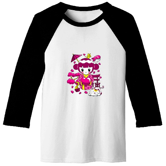 Japanese Kawaii Kokeshi Geisha Doll Valentines Day Baseball Tees