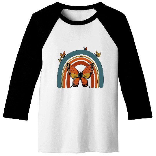 Womens Orange Butterfly Boho Rainbow Peace Retro vintages Tee Baseball Tees