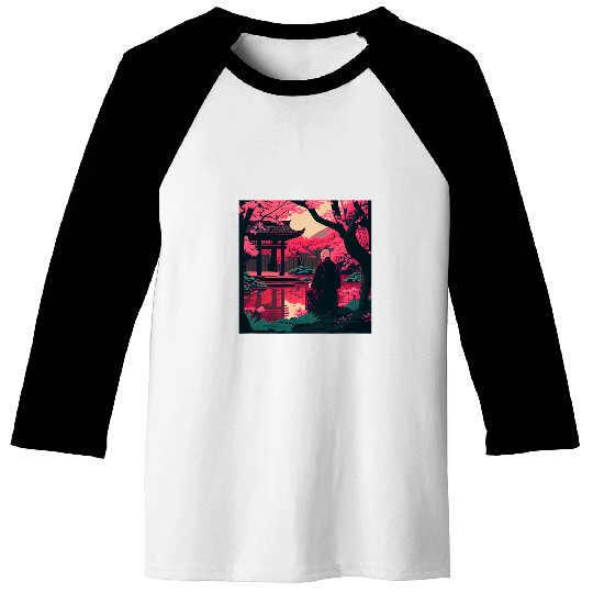 Monk praying in japanese garden with cherry blossoms shrine Baseball Tees