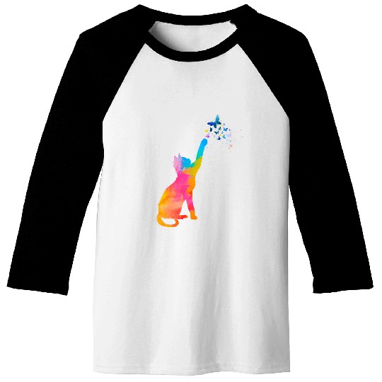 Paws Cat and Butterfly Top Watercolor Cat With Butterfly Baseball Tees