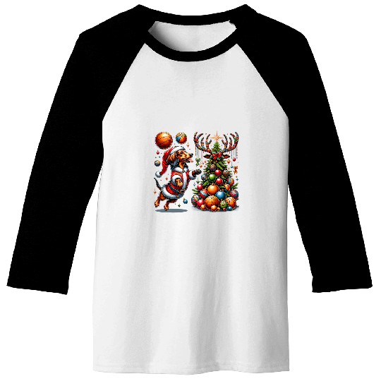 Santa Dachshund Dog Play Basketball Christmas Baseball Tees