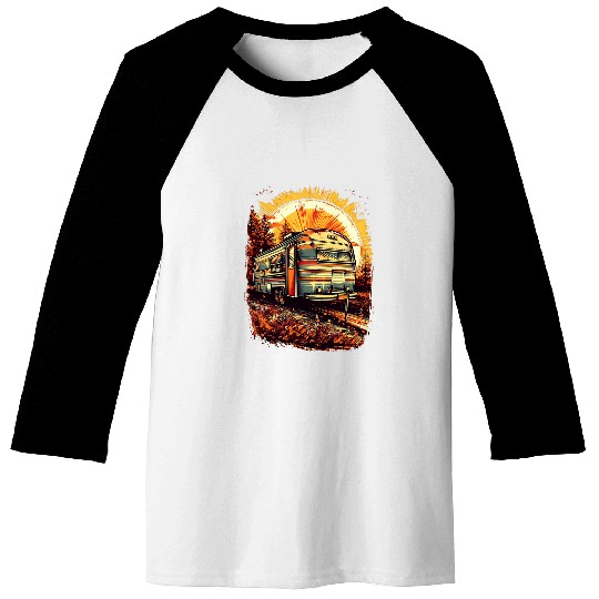 RV Camping Travel Trailer Camper Fall Autumn Season Road Baseball Tees