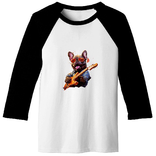 Funny Rock French Bulldog Playing Guitar Baseball Tees
