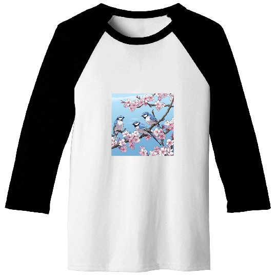 Vibrant Blue Notes Chickadees Blossom Ballet Baseball Tees