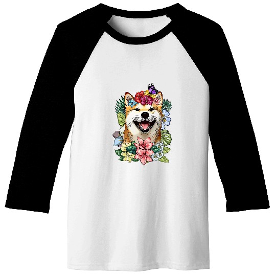 Dog Shiba Inu Spring Botanical Plant Flower Floral Baseball Tees