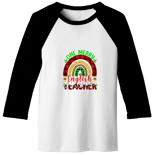 One Merry English Teacher Leopard Rainbow Christmas Tree 1 Baseball Tees