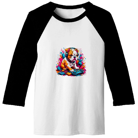 Retro Gaming Partner Bulldog Puppy Wearing Headphones Baseball Tees