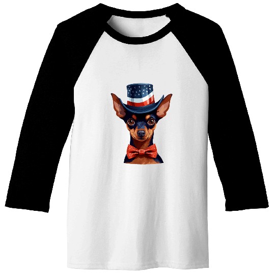Miniature Pinscher with USA Flag 4th of July 2 Baseball Tees