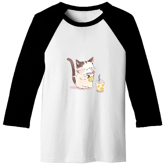 Kawaii Japanese Neko Enjoying Boba Milk Tea Cat Lover Baseball Tees