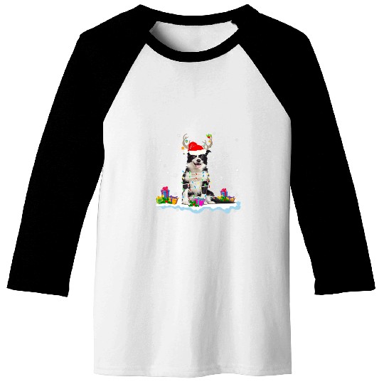 Santa Border Collie Funny Christmas Light Santa Reindeer Dog Baseball Tees