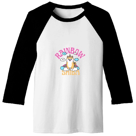 Shiba Inu Unicorns Kawaii Illustration With Rainbow And Cloud 3 Baseball Tees