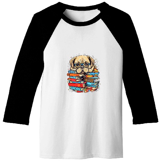 Pug Books Pile Book Reader Bookworm Pug Owner Pug Lover Baseball Tees