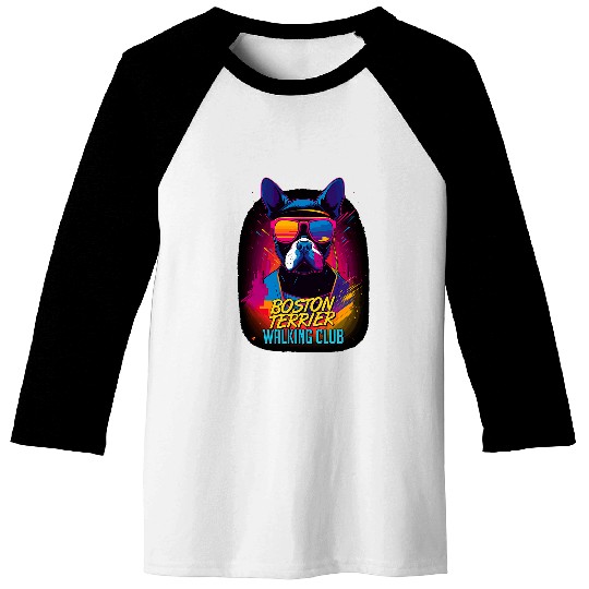 Vaporwave Boston Terrier Walking Club Retro 80s Dog Baseball Tees