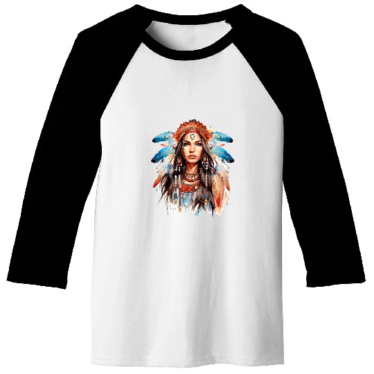Native American woman with feathers and dreamcatcher Baseball Tees