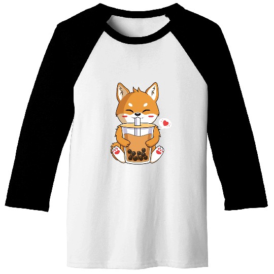 Dog Shiba Inu Kawaii Anime Shiba Inu Dog Drinking Boba Bubble Tea 2 Baseball Tees