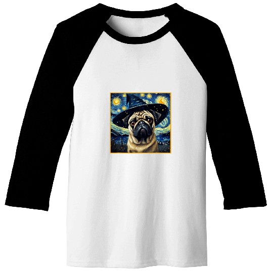Van Gogh Starry Night Pug Cute Dog Halloween Baseball Tees