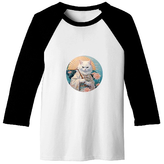 White Cat Geisha Funny Pet Kimono Baseball Tees