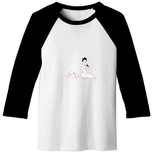 Pretty Japanese Geisha Girl With Bird Cherry Blossoms Baseball Tees
