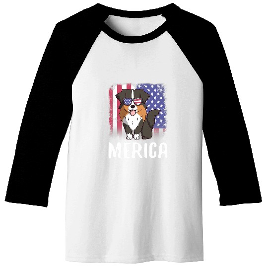 Merica Australian Shepherd Dog USA American Flag 4th of July Baseball Tees