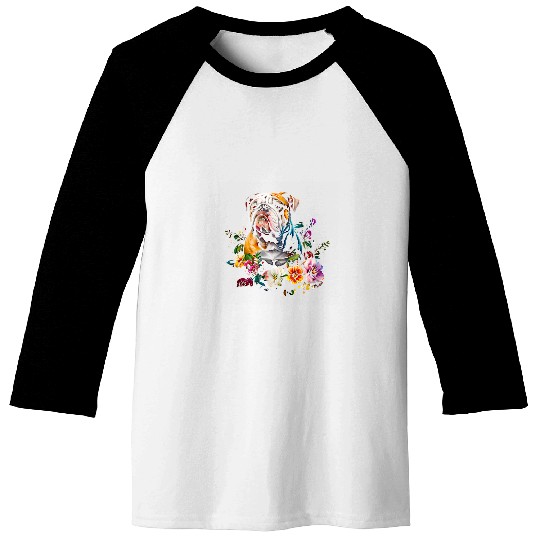 Watercolor English Bulldog with flowers 14 Baseball Tees