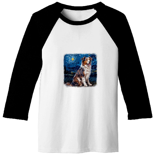 Van gogh Australian Shepherd in starry night Baseball Tees
